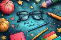 School supplies scattered on turquoise background with basketballs, glasses, pencils, notebook and golden stars creating festive back to school composition.