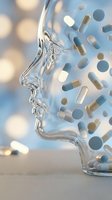 Glass human head profile with floating pills and capsules representing pharmaceutical medicine and healthcare treatment concepts.