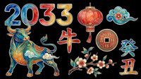 Colorful Chinese New Year 2033 design elements isolated on transparent background. Features decorative numbers, zodiac ox, red lantern, coins, and traditional symbols ready for t-shirt design, clipart, stickers, and print-on-demand products.
