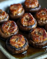 Stuffed mushrooms with golden cheese filling baked to perfection, seasoned with herbs and spices for gourmet appetizer or side dish preparation.