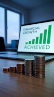 Stacked coins showing financial growth with laptop displaying ascending bar chart and achieved text in modern office setting.