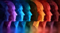 Colorful silhouettes of human faces in profile arranged in spectrum order from purple to red, showing diversity and unity through geometric abstract design.