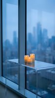 Three glowing candles on glass table by floor-to-ceiling windows with blurred city skyline at dusk creating peaceful ambiance for relaxation and meditation.