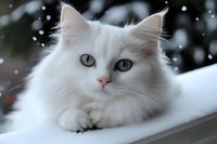 White fluffy cat with bright green eyes lying in snow during winter, snowflakes falling around creating magical atmosphere for seasonal greeting cards.