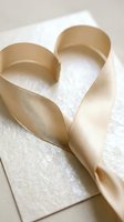 Elegant gold satin ribbon forming heart shape on white textured paper for wedding invitations, romantic greeting cards and luxury gift wrapping designs.