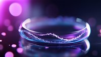 Glowing ring with neon pink and blue light effects on dark background, magical sparkles and bokeh circles create mystical atmosphere for jewelry design.