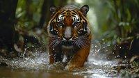 Majestic Bengal tiger walking through shallow water, splashing droplets around as it moves through lush green jungle environment. Powerful predator in natural habitat.