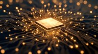 Glowing microprocessor with radiating circuit paths on dark background, illuminated by warm golden light. Digital technology concept for computing and AI.
