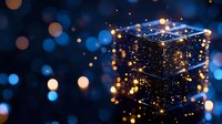 Glowing digital cube with golden light particles and bokeh effects on dark blue background for technology and innovation concepts.