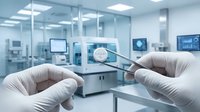 Scientist in white latex gloves holding petri dish with bacterial culture in modern laboratory setting with equipment and glass partitions for microbiology research.