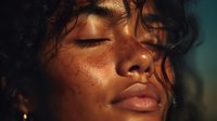 Close-up portrait of young woman with freckles and curly hair in golden sunset light, eyes closed in peaceful expression.