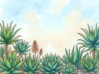 Watercolor succulent garden border with aloe plants and flowering spike on soft cloudy sky background for botanical design projects.