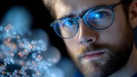 Young bearded man in glasses with glowing blue eyes and digital network visualization elements floating in dark space, futuristic technology concept.