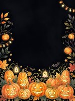 Autumn Halloween border frame with carved jack-o-lantern pumpkins, glowing lanterns, decorative leaves, stars, and string lights on dark background for seasonal designs.