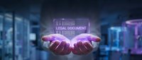 Digital legal document hologram floating above cupped hands in modern office environment with glowing purple and blue technology interface elements.