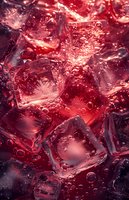 Ice cubes in red carbonated drink with bubbles creating dynamic refreshing background, perfect for beverage advertising and summer cooling concepts.
