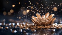 Metallic copper lotus flower with glowing sparkles and bokeh effect on dark reflective surface creates magical atmosphere for spiritual designs.