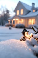 Glowing lantern covered in fresh snow with cozy white house in background, warm window lights creating magical winter evening atmosphere at dusk.
