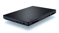 Sleek black laptop computer viewed from the back, showcasing ports and ventilation, isolated on white background for tech and business use.