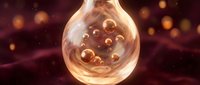 Glowing translucent droplet filled with golden spheres against dark burgundy background with bokeh lights, suitable for abstract backgrounds and digital design projects.