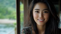 Young Asian woman with natural makeup and long dark hair smiling warmly at camera. Soft window lighting creates professional headshot with blurred background for business or lifestyle use.
