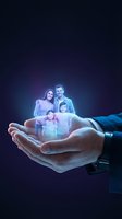 Businessman hands protecting holographic family with parents and children representing life insurance coverage and financial security concept.