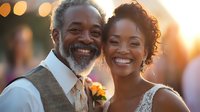 Joyful African American mature father and young bride share heartwarming moment at outdoor sunset wedding celebration, expressing genuine happiness and family bonds.