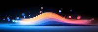 Abstract glowing wave with colorful light particles floating on dark background, dynamic flowing motion effect creates modern futuristic design element.