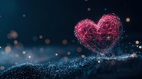 Glowing pink heart shape formed by connected light particles and lines against dark background with bokeh effects and sparkles, romantic digital art concept.