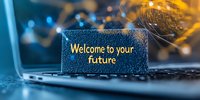 Glowing welcome message on laptop keyboard with futuristic bokeh lights and circuit board elements in blue and orange tones, motivational business concept.