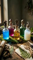Mystical potion bottles with colorful liquids arranged on moss-covered wooden surface with ancient scrolls and ferns for fantasy themed projects.