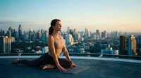 Young athletic woman practicing yoga meditation on urban rooftop at sunset with city skyline backdrop. Peaceful mindfulness and wellness lifestyle concept.