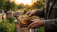 Beekeeper holding honeycomb frame with bees during harvest, showcasing apiary work and honey production in outdoor garden setting.