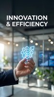 Businessman holding glowing gear and arrow neon icon in modern office, representing innovation and efficiency for business growth and technology solutions.