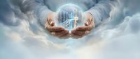 Hands holding glowing digital city hologram against cloudy sky, representing smart technology, urban development, and future innovation for business concepts.