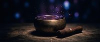 Tibetan singing bowl with wooden mallet on rustic surface against starry cosmic background for meditation and sound healing practices.