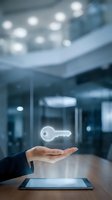 Businessperson holding digital key icon above tablet in modern office environment, representing security, access, and technology solutions for corporate use.