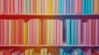 Colorful pastel books arranged on wooden shelves in rainbow order from pink to blue, creating a vibrant gradient display in a library or bookstore.