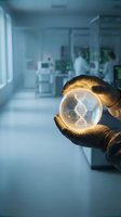 Scientist in laboratory holding glowing crystal ball containing DNA helix structure, symbolizing genetic research, biotechnology innovation, and scientific discovery in modern lab environment.