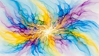 Vibrant watercolor burst with flowing organic shapes in rainbow hues radiating from bright center. Abstract fluid art for creative projects and designs.
