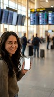 Young woman of Latin American descent holding smartphone with blank screen at airport terminal, displaying mobile device for travel apps and flight information.