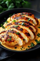 Grilled chicken breast sliced and served in cast iron skillet with fresh herbs and golden sauce for healthy dinner meal preparation and cooking recipes.