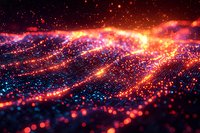 Abstract digital landscape with glowing red and blue particle waves flowing across dark background, creating futuristic technology visualization.