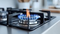 Blue flame burning on modern gas stove burner in kitchen, close-up view showing circular pattern of natural gas combustion on black cooktop surface.