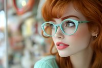 Young woman with red hair wearing mint green cat eye glasses and matching sweater gazes thoughtfully to side, coral lipstick and soft bokeh background.