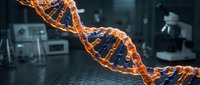 DNA double helix with orange and blue glowing strands in laboratory setting, representing genetic research, biotechnology, and molecular science for medical and educational use.
