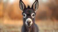 Young brown donkey with large expressive eyes and pointed ears looking directly at camera against blurred autumn background, close-up portrait showing gentle curious expression.