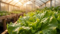 Fresh green lettuce leaves growing in modern greenhouse with natural sunlight streaming through glass roof creating warm agricultural atmosphere for organic farming.