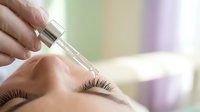 Woman receiving facial serum treatment with dropper bottle at spa. Professional skincare therapy for anti-aging and hydration in wellness center.