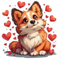 Adorable cartoon corgi puppy with big eyes surrounded by red hearts on white background, cute pet illustration for valentines day designs and greeting cards.